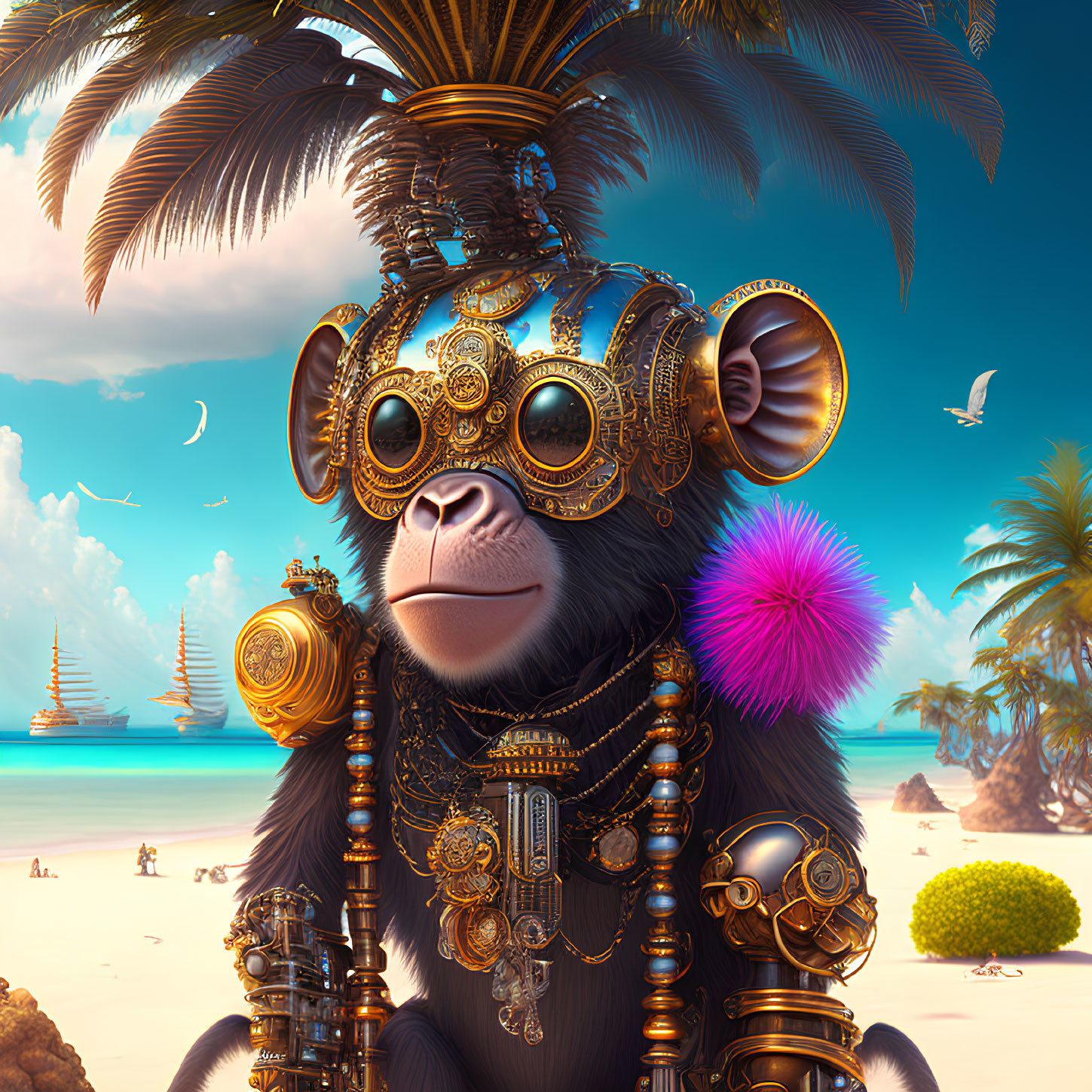 Steampunk Monkey with Brass Goggles on Tropical Beach
