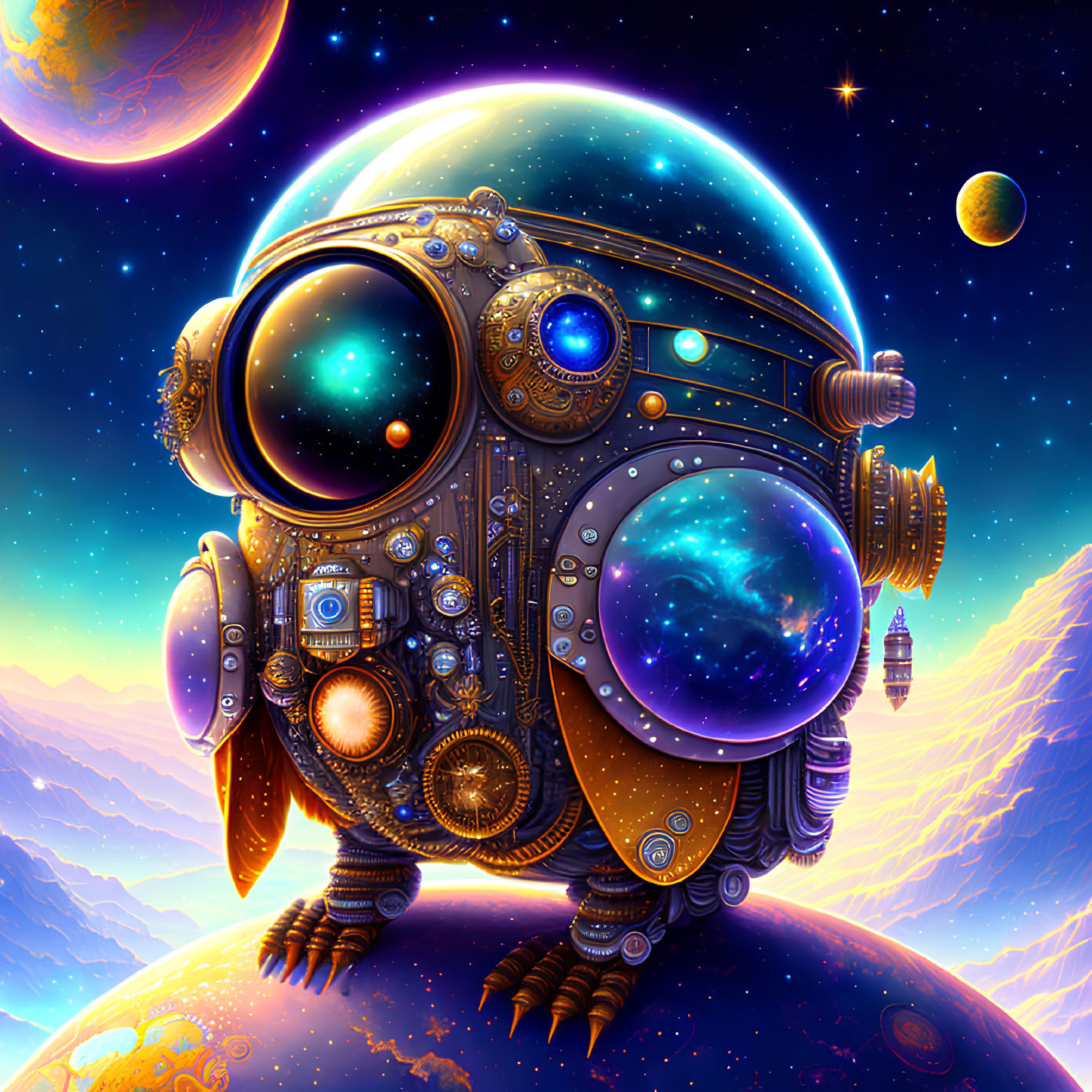 Colorful digital artwork: Astronaut with cosmic reflection in visor amid celestial background