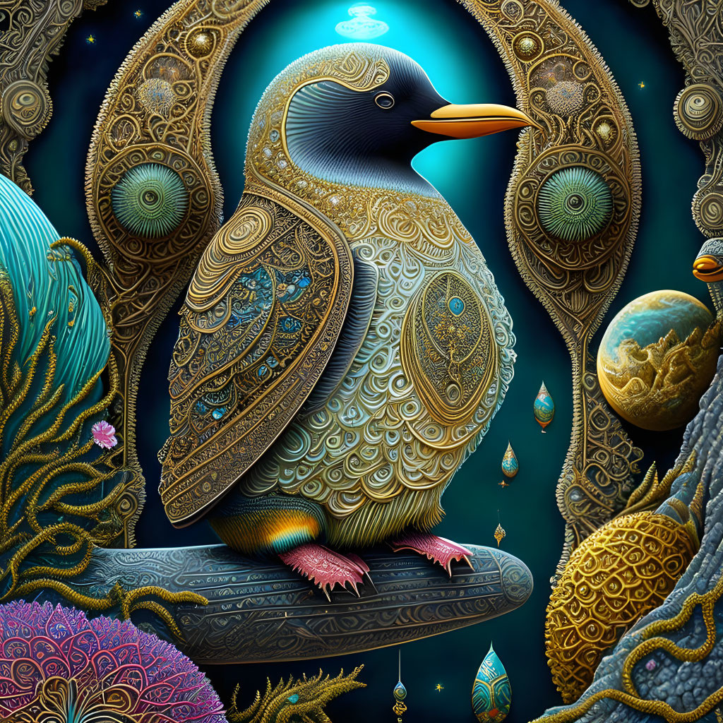 Colorful bird with gold and blue plumage perched on branch in cosmic setting