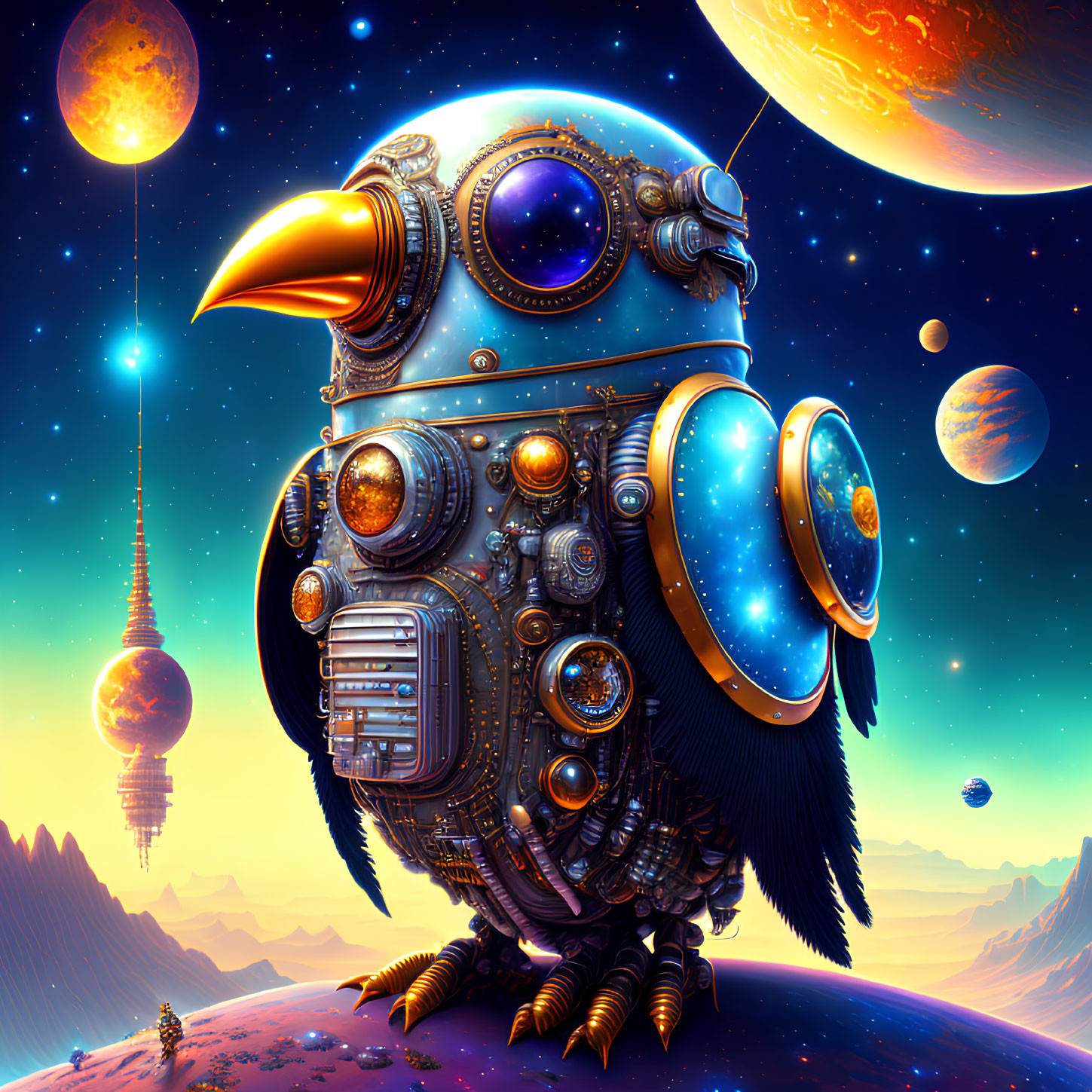 Steampunk mechanical owl with metallic feathers in cosmic setting