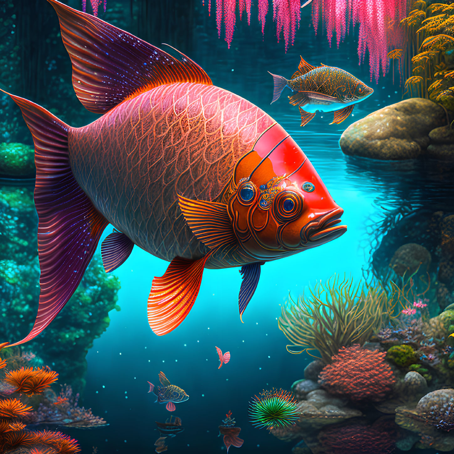 Colorful Mechanical Fish Swims in Fantastical Underwater Scene