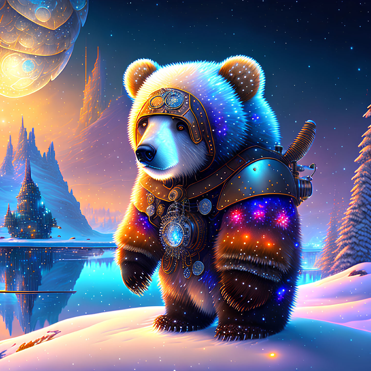 Colorful Armored Panda in Snowy Fantasy Scene
