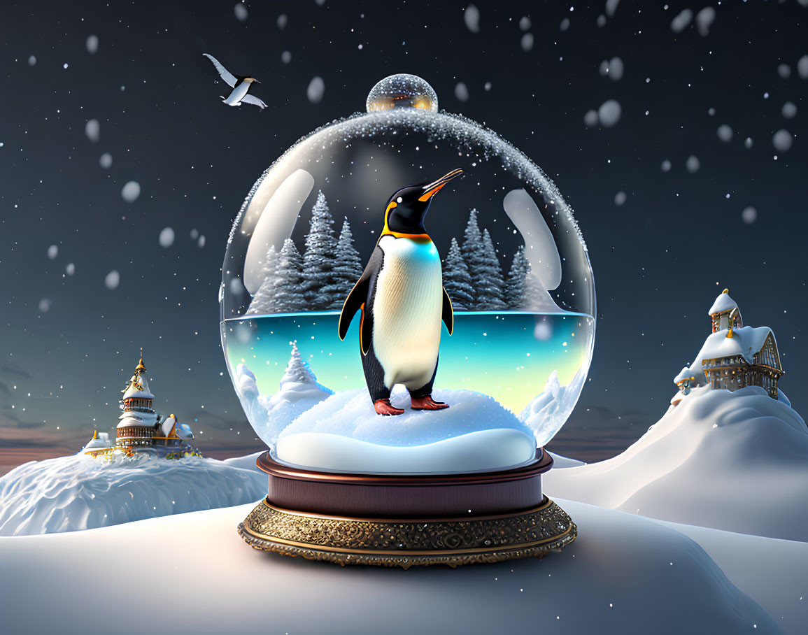 Snow Globe Scene with Penguin, Snowy Landscape, Trees, and Seagull