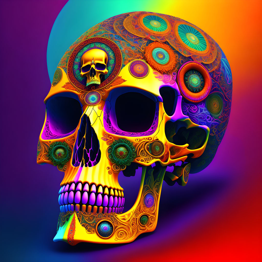 Colorful digital artwork: Human skull with intricate patterns on gradient background