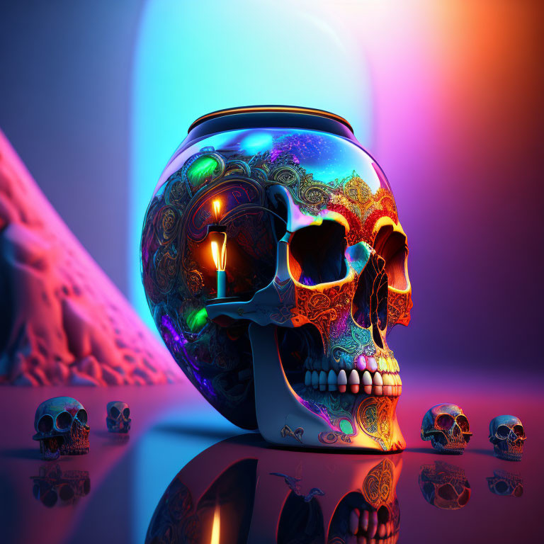 Colorful Skull Decor with Candles and Neon Background