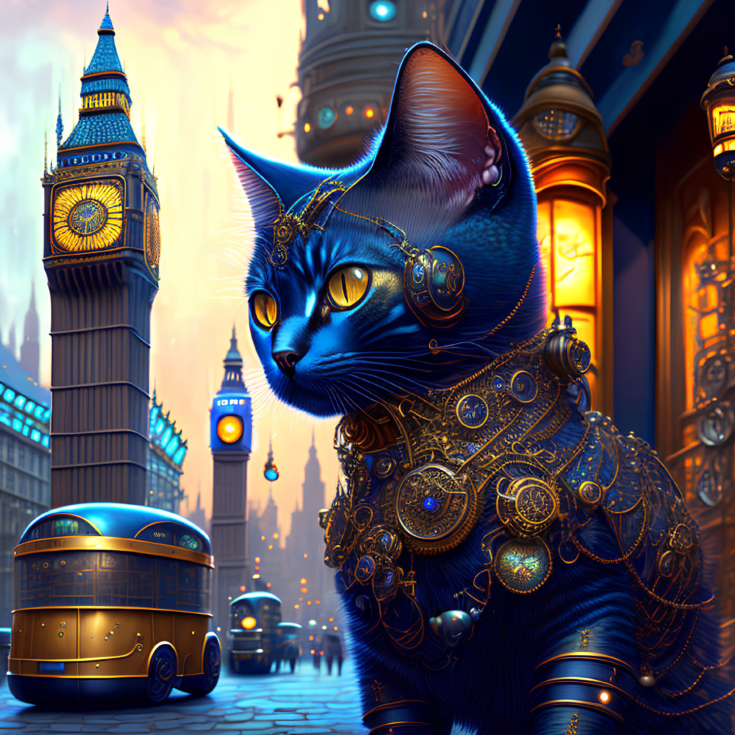 Steampunk-style cat with brass gear attire in cityscape scene
