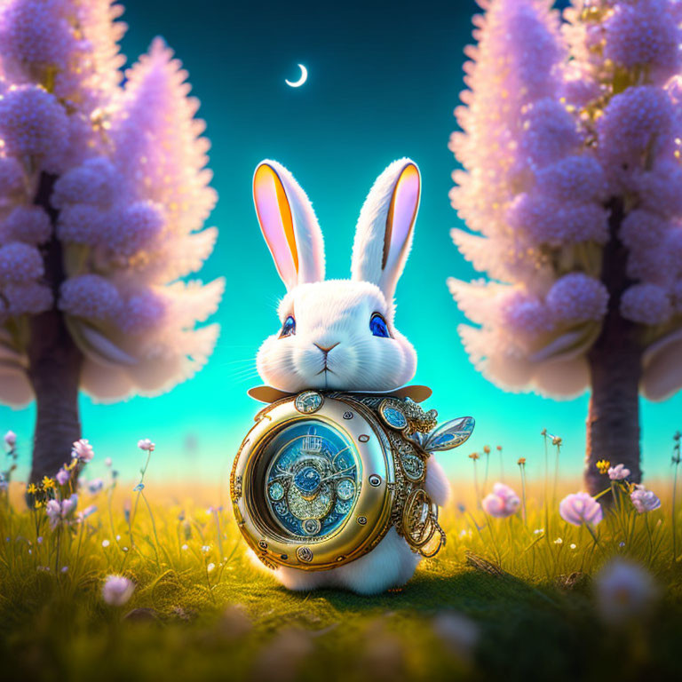 White Rabbit Holding Pocket Watch Among Blooming Trees and Crescent Moon