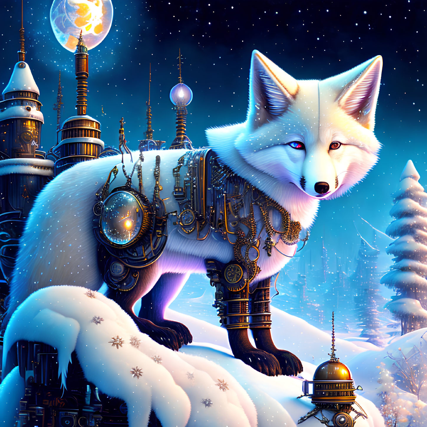 Cybernetic white fox in snowy futuristic cityscape with glowing buildings