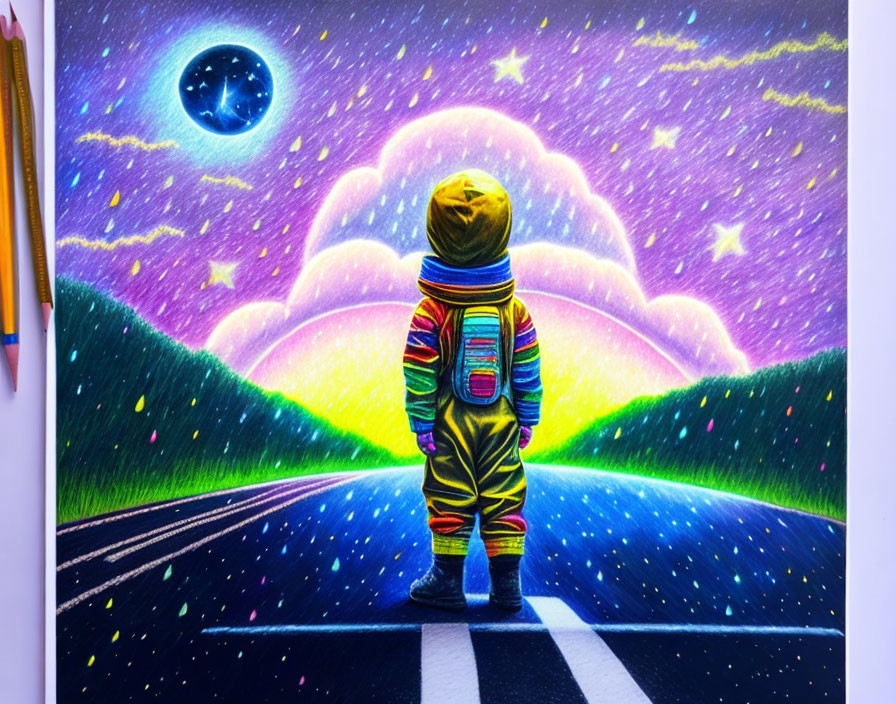 Colorful painting of person in spacesuit on road observing cosmic scene