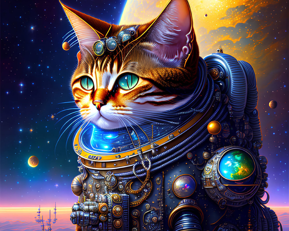 Futuristic cat in space suit amid cosmic backdrop