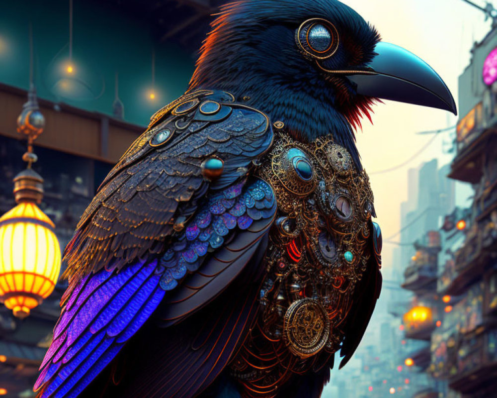Detailed mechanical bird illustration with vibrant feathers and intricate gears in neon-lit urban setting