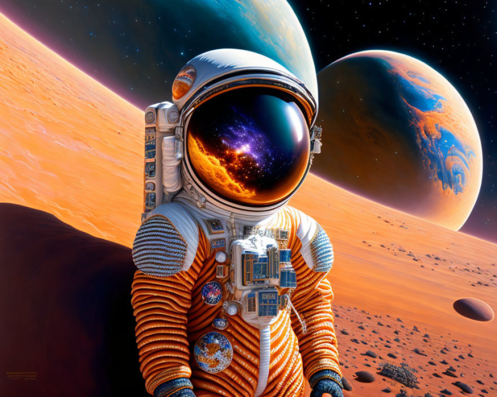 Detailed Orange Spacesuit Astronaut on Alien Planet with Earth-like World Background