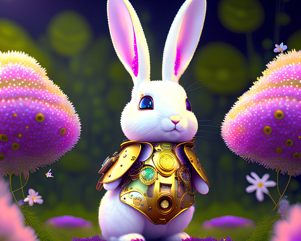 Whimsical digital artwork of white bunny in steampunk armor surrounded by purple flowers & butterflies at