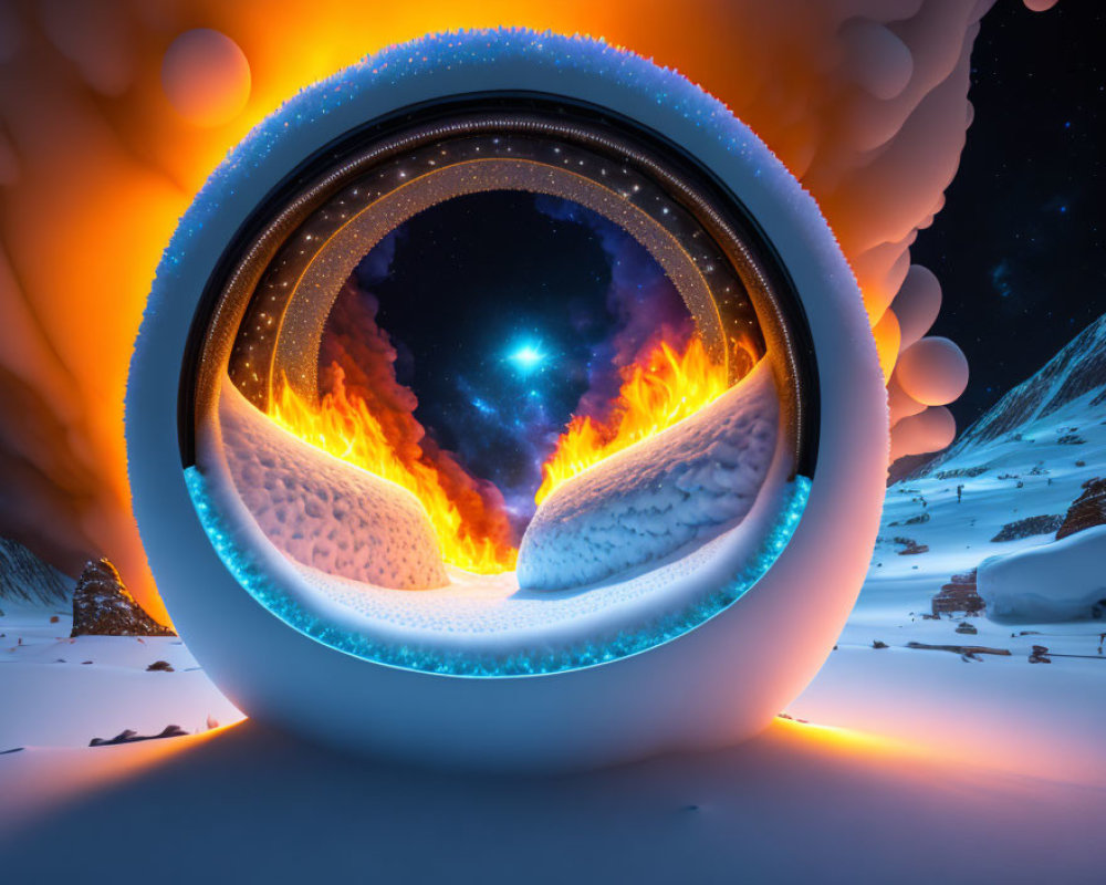 Circular surreal portal with fiery vista in wintry landscape