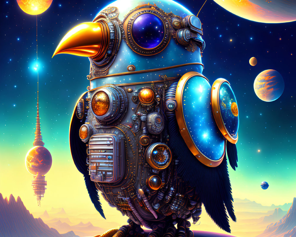 Steampunk mechanical owl with metallic feathers in cosmic setting