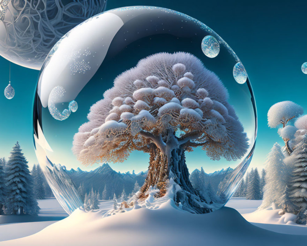 Snowy tree in transparent bubble in surreal winter landscape