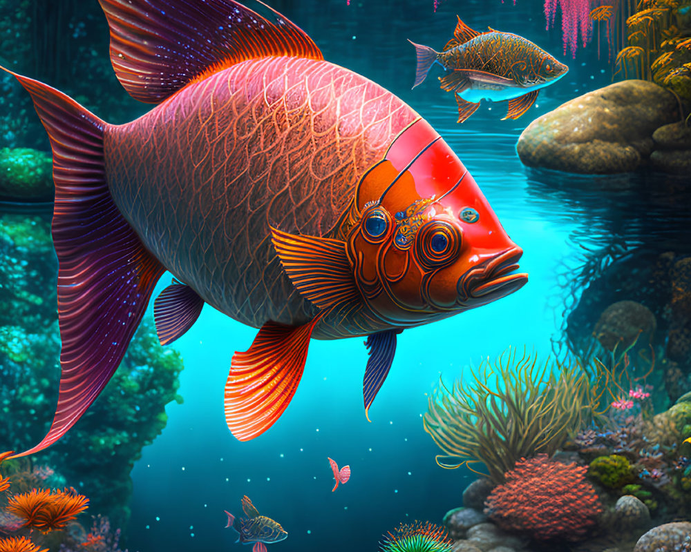 Colorful Mechanical Fish Swims in Fantastical Underwater Scene