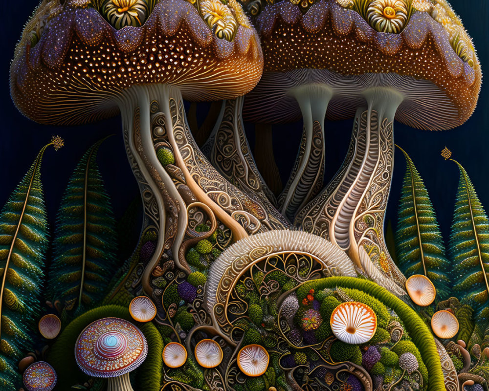 Intricately patterned mushrooms in surreal forest scene