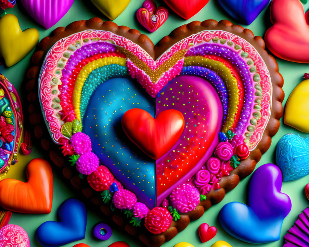 Colorful heart-shaped objects and candies on teal background.