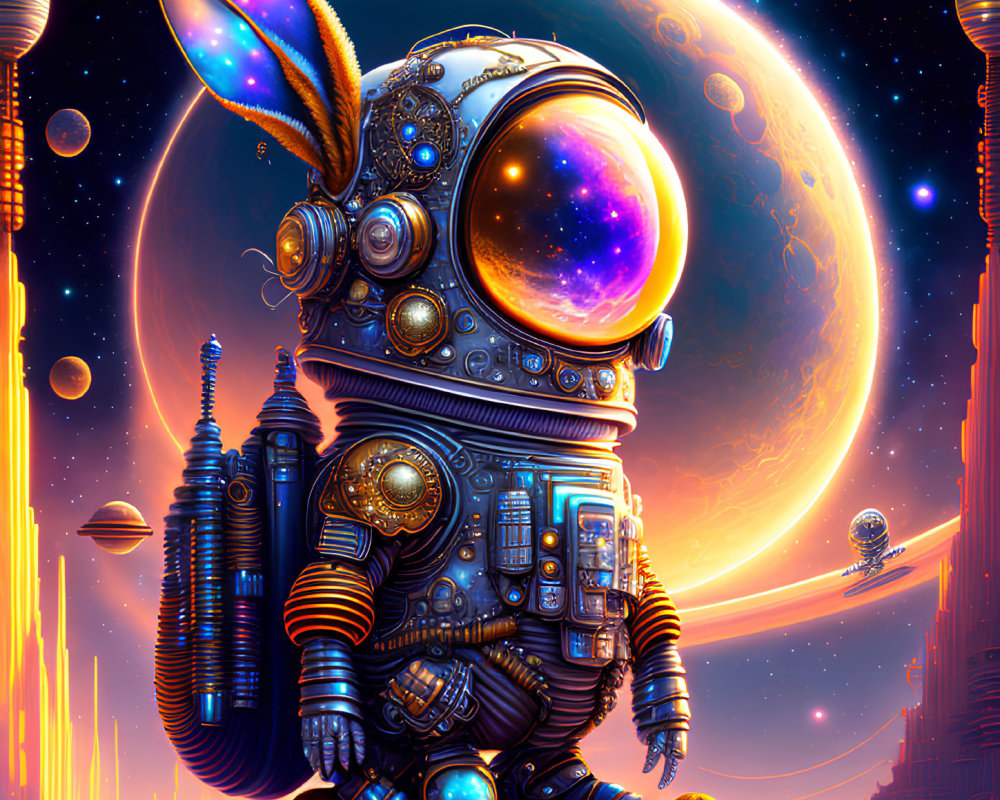 Colorful Sci-Fi Illustration: Mechanical Astronaut with Rabbit Ears, Moon, Alien Structures,