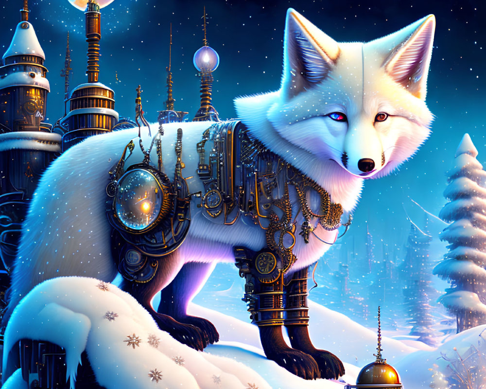 Cybernetic white fox in snowy futuristic cityscape with glowing buildings