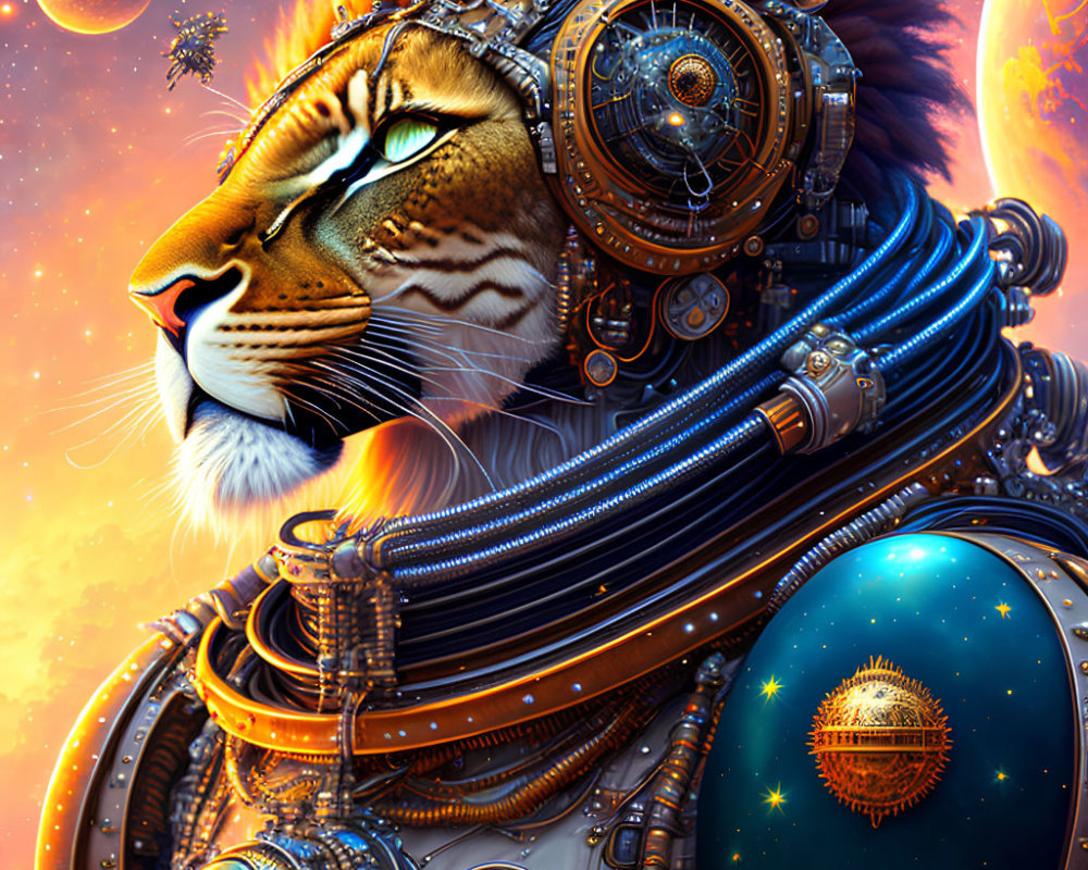 Detailed mechanical tiger art with cosmic backdrop.