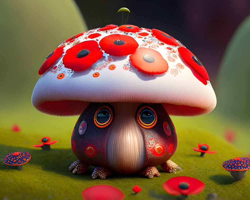 Colorful creature with mushroom cap body in vibrant landscape