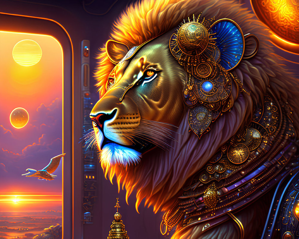 Ornately Decorated Lion with Glowing Golden Mane Views Alien Sunset