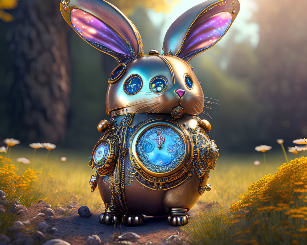 Mechanical rabbit with clock gears, blue eyes, and wings in daisy forest
