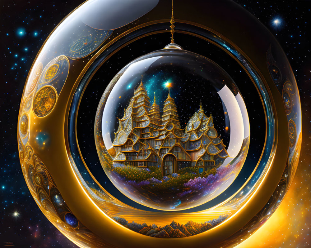 Digital artwork of golden orb with glowing castle on crescent moon.