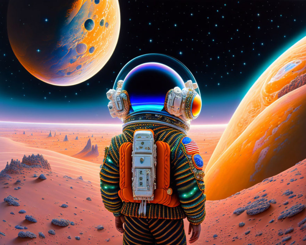 Astronaut on surreal Martian landscape with celestial bodies in sky
