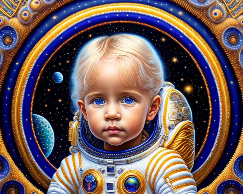 Child in Astronaut Suit Surrounded by Stars, Planets, and Mechanical Designs