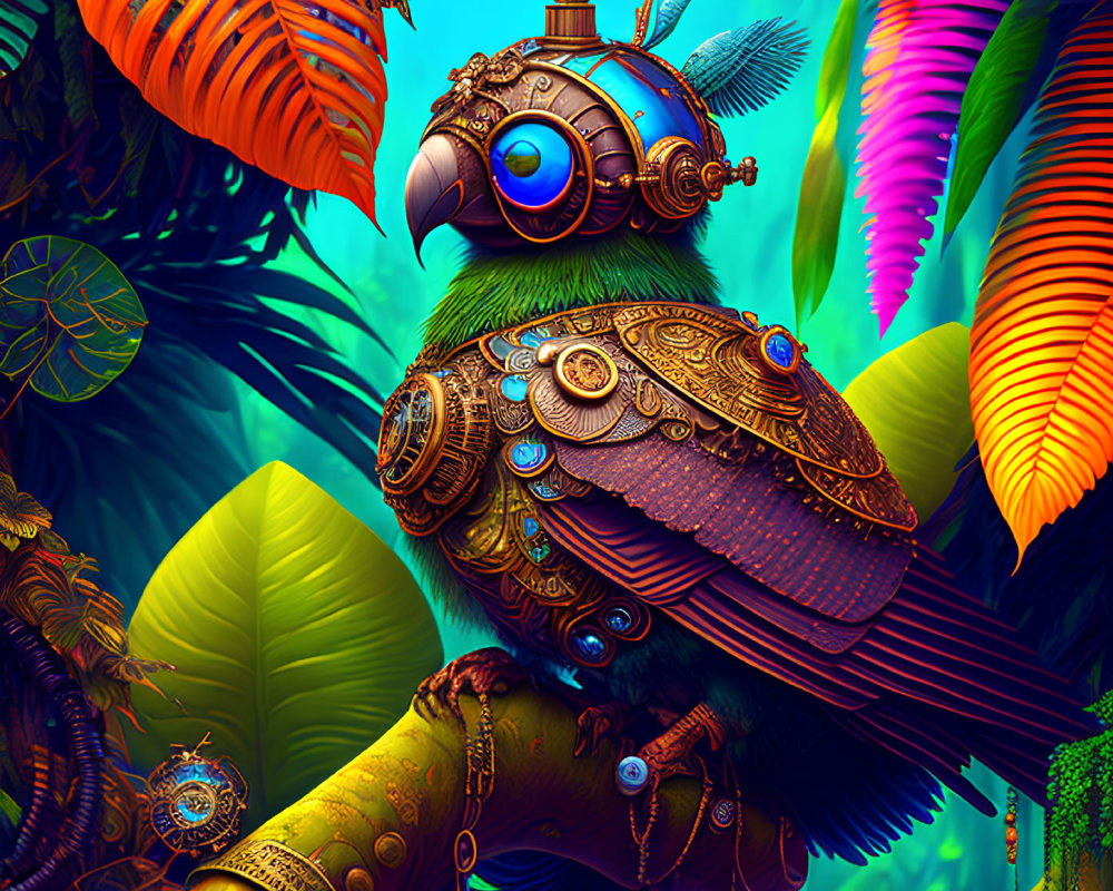 Colorful Steampunk Mechanical Parrot in Tropical Setting