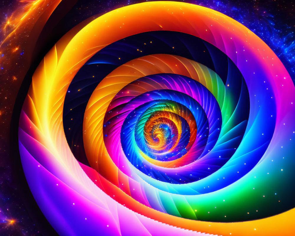 Colorful Spiraling Tunnel Art: Vibrant digital piece with cosmic backdrop in blue, orange, yellow