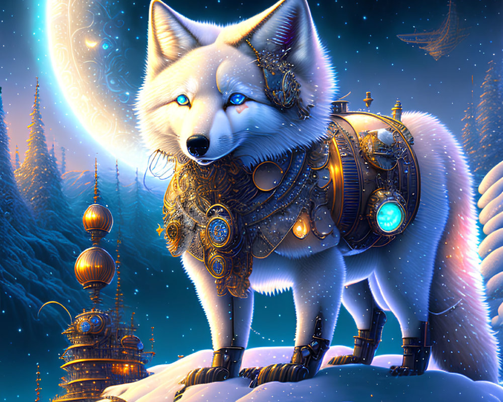 Fantasy white fox with golden armor in snow landscape with crescent moon and tower.
