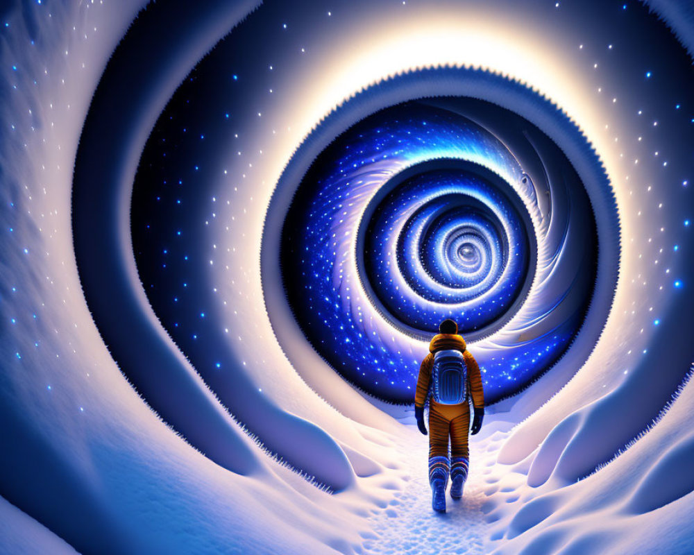 Astronaut walking towards swirling stars and galaxies on alien snowy landscape