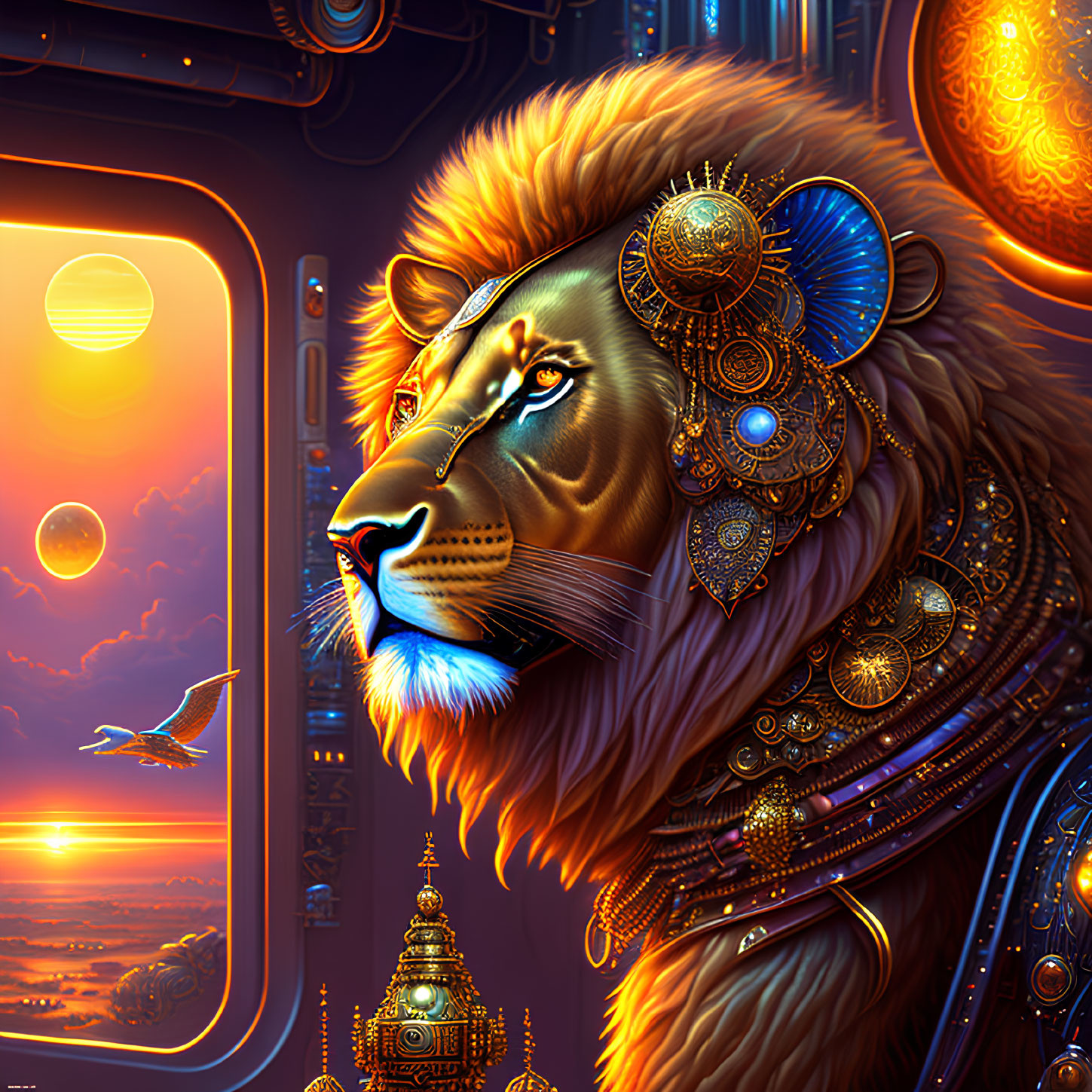Ornately Decorated Lion with Glowing Golden Mane Views Alien Sunset