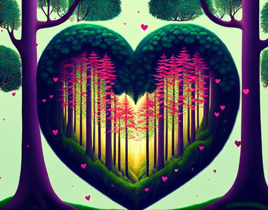 Heart-shaped tree canopy with floating hearts and sunlit forest illustration