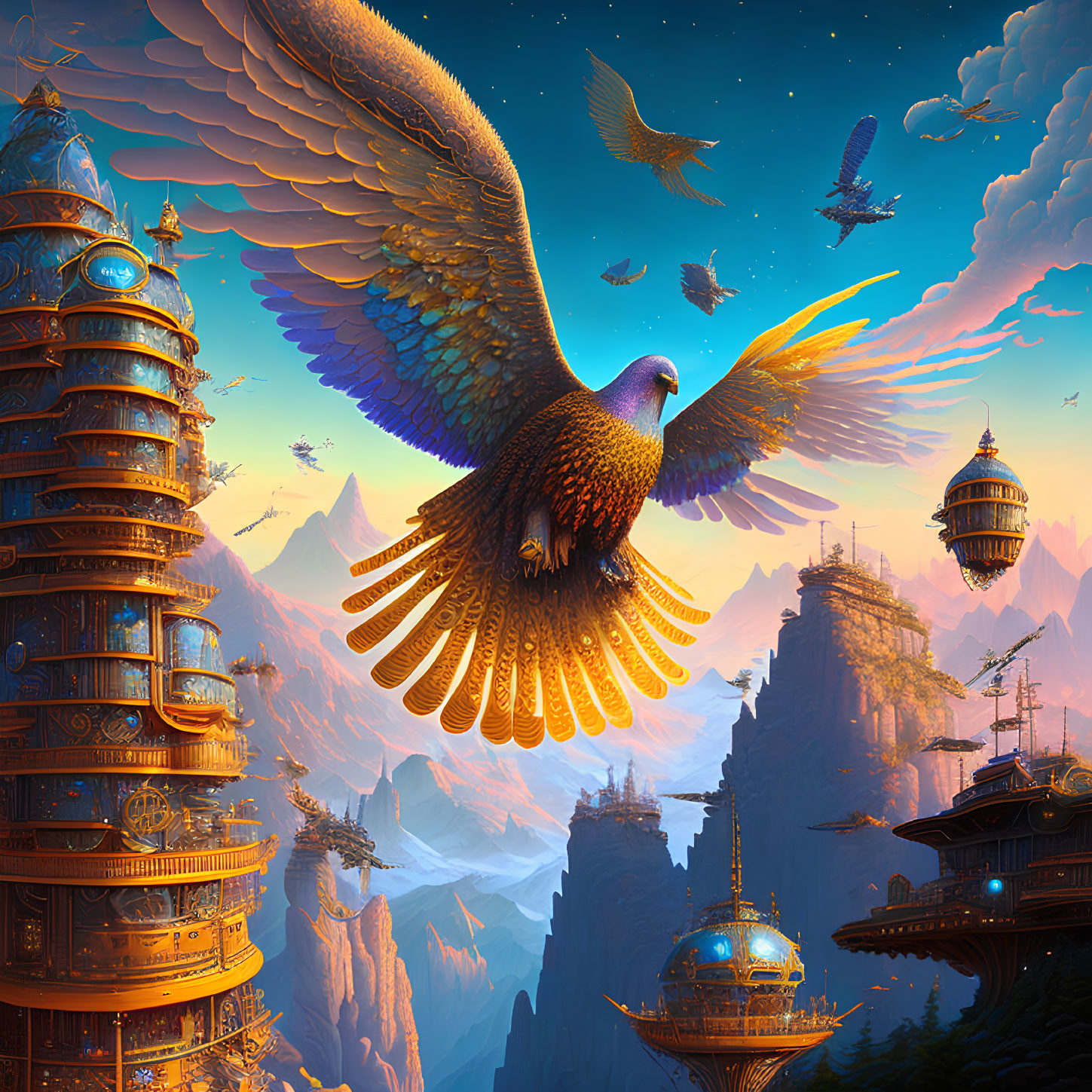 Giant eagle soaring over ornate towers and cliffs in fantastical landscape