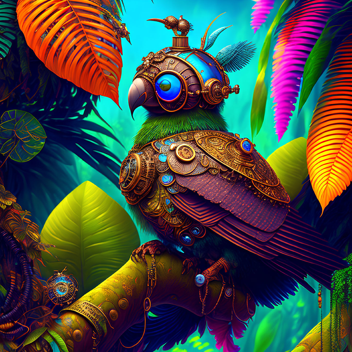 Colorful Steampunk Mechanical Parrot in Tropical Setting