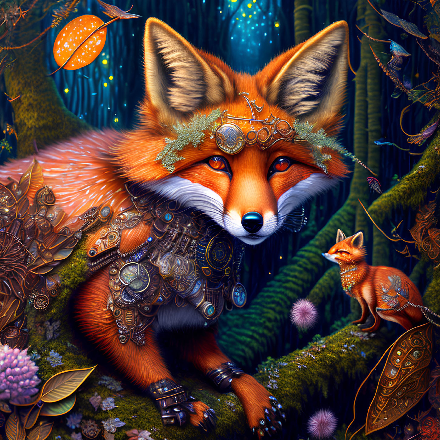Mechanical-armor-clad fox with smaller companion in mystical forest setting