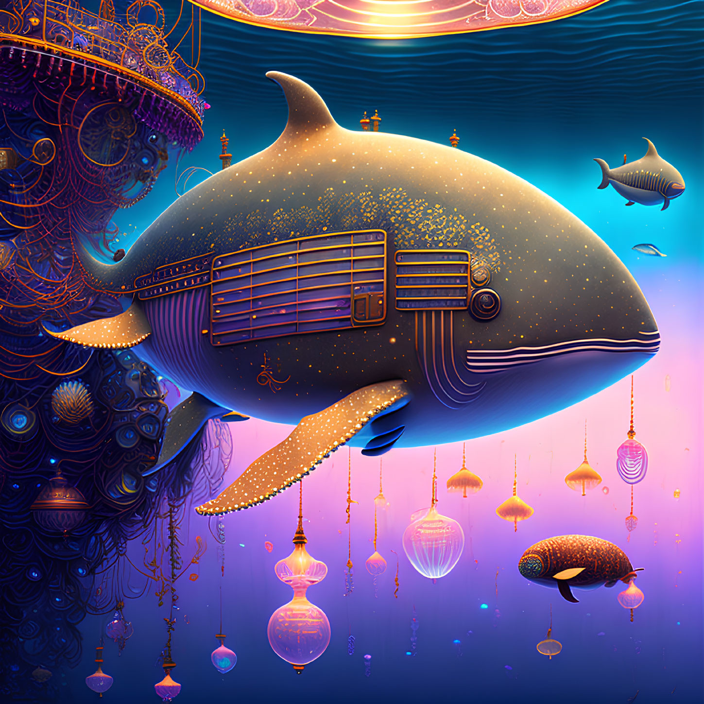 Whale-themed surreal artwork with building-like structures and vibrant colors