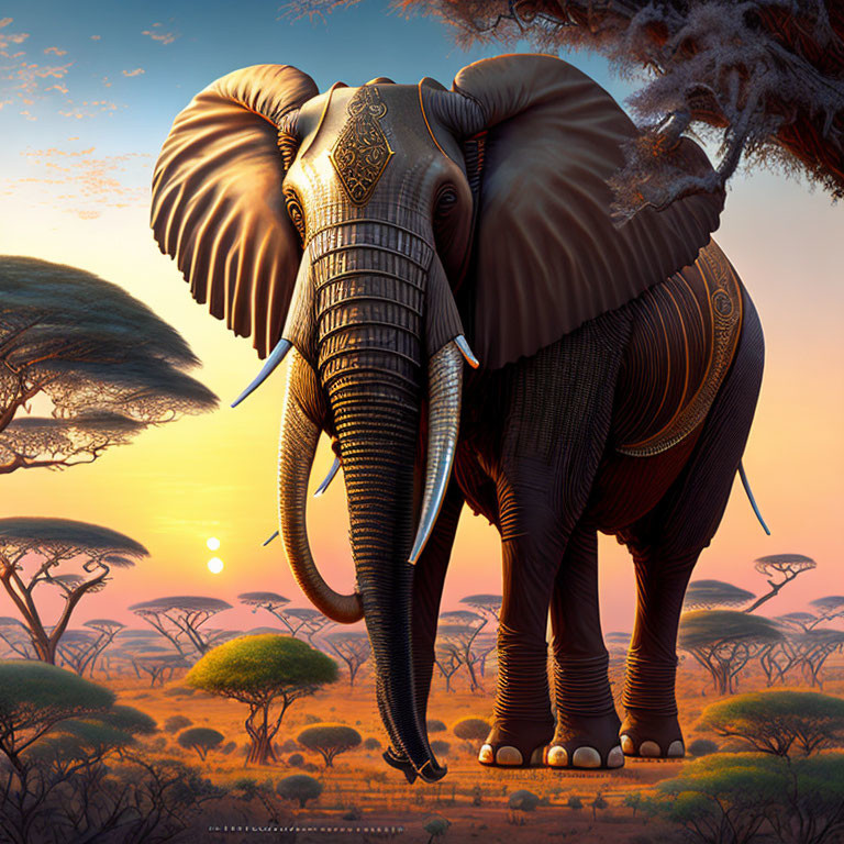 Majestic elephant with intricate patterns in savanna sunset