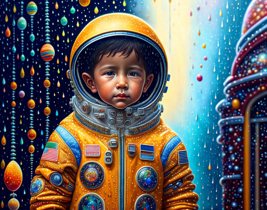 Child in orange astronaut suit against whimsical planet backdrop