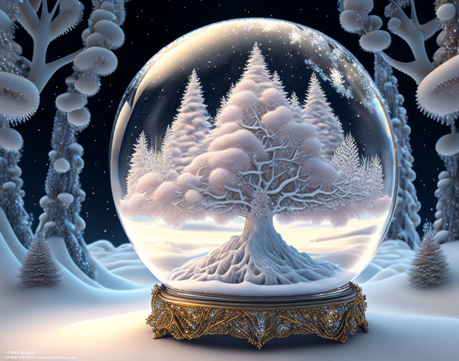 Snow-covered tree in crystal ball amid frosty forest & starry night sky