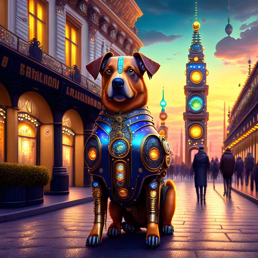 Digital artwork: Robotic dog in steampunk-modern cityscape