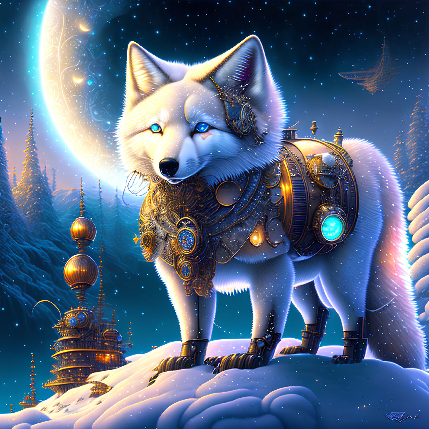 Fantasy white fox with golden armor in snow landscape with crescent moon and tower.