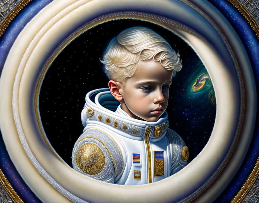 Young boy in white spacesuit surrounded by concentric circles in space.