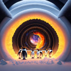 Penguins in icy landscape near fiery portal and comet