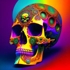 Colorful digital artwork: Human skull with intricate patterns on gradient background